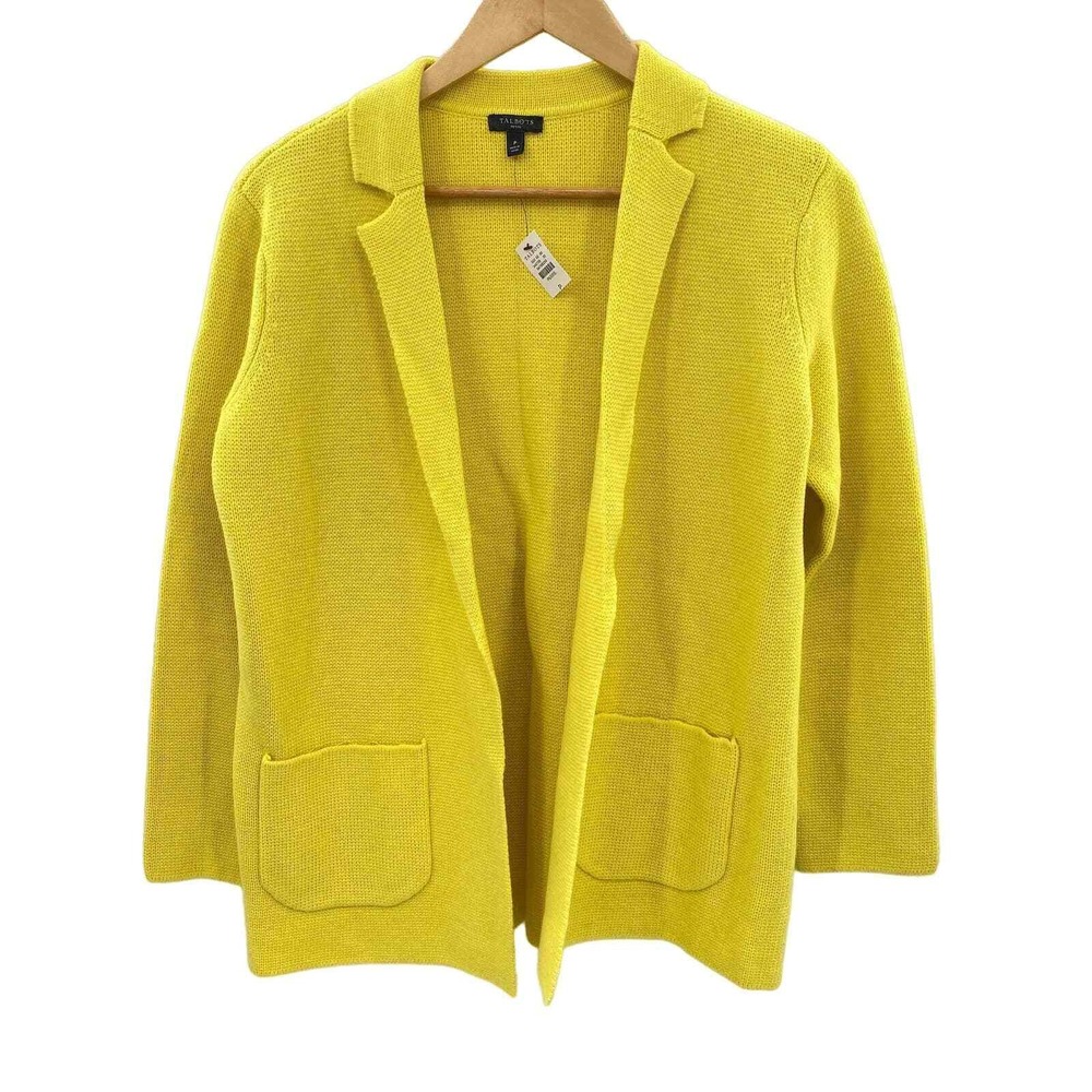 Talbots Sweater‎ Cardigan Womens Petite Yellow Wool Blend Open Front Pockets NEW